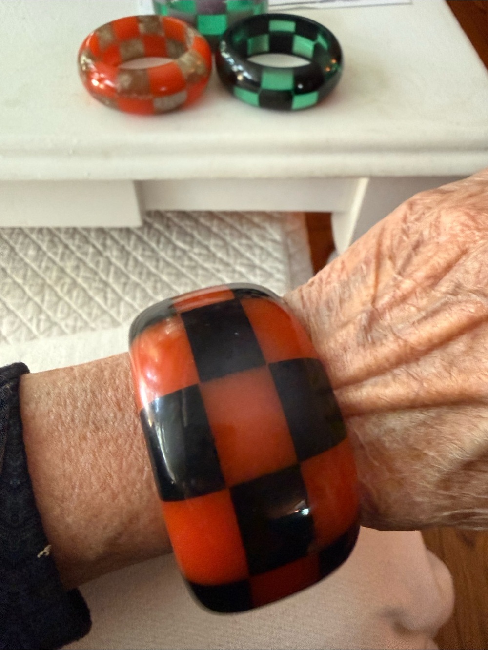 Antique Checkerboard lucite Bangle Bracelet - Black & Orange